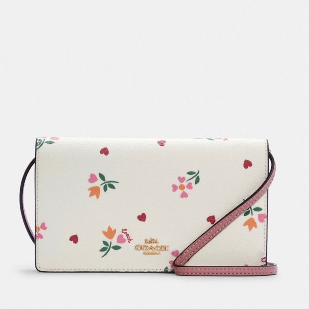Coach Anna Foldover Clutch Crossbody With Heart Petal Print White/Pink